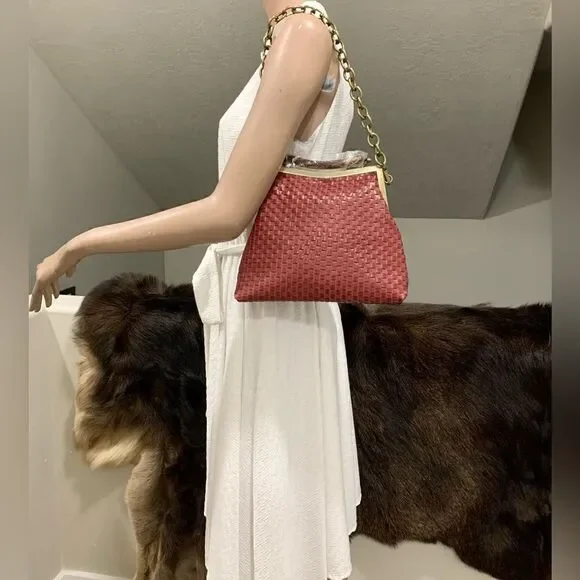 Handmade Genuine Woven Leather Double Kisslock Top Handle Bag & 2 Straps Style